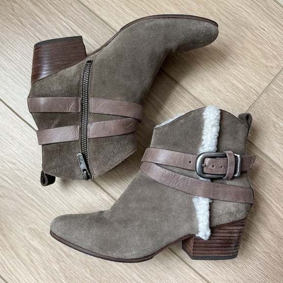 Belle Sigerson Morrison Laica Suede Shearling Fur Buckle Boot Taupe Brown 6.5 - Picture 2 of 10